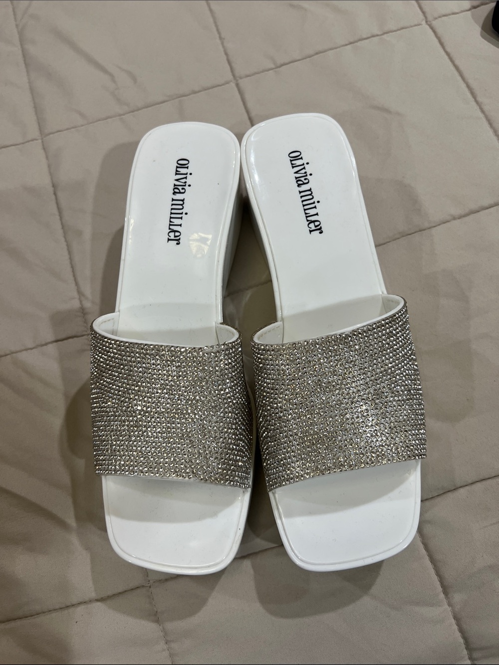 Olivia Miller White Slides with Sparkling Silver Band